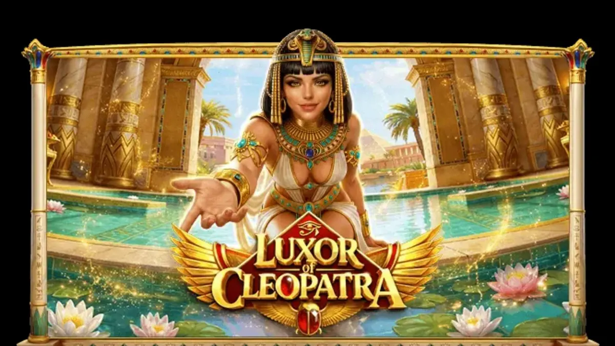 Cenário luxuoso e ensolarado do slot Luxor of Cleopatra com símbolos egípcios