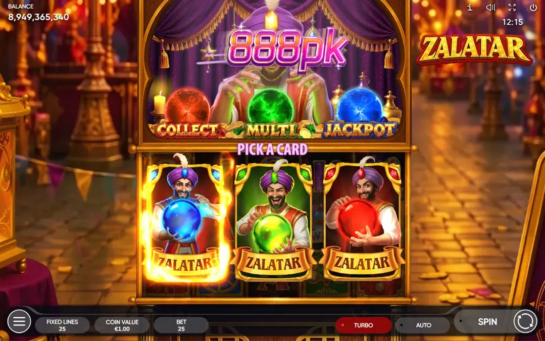 Interface do jogo de slot Zalatar com elementos místicos e orbes coloridos